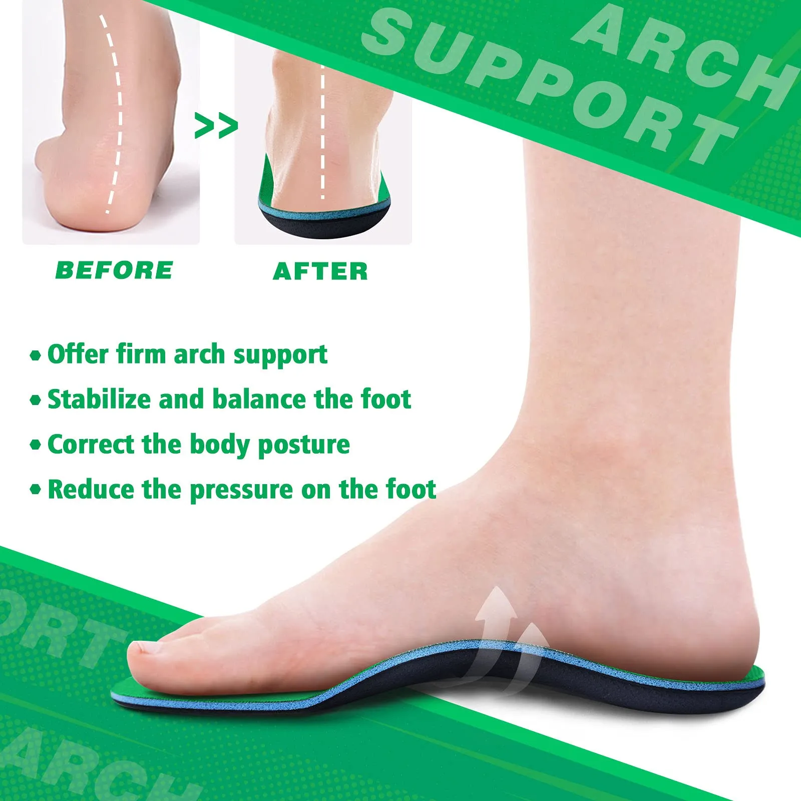 Arch Support Insoles for Women Flat Feet, Orthotic Arch Support Shoe Insoles for Men UK-Men10-29cm Green-n