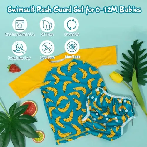 babygoal Baby Boy Swimsuit 2-Piece for 0-12 Months Infants, Bathing Suit Swim Diaper with Top Short Sleeves for Swim Lessons and Beach-Dinosaur Design