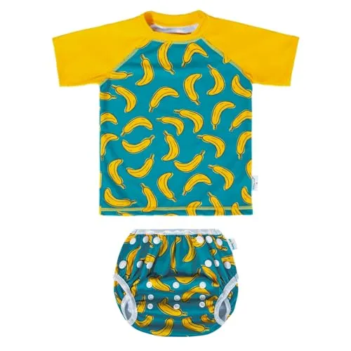 babygoal Baby Boy Swimsuit 2-Piece for 0-12 Months Infants, Bathing Suit Swim Diaper with Top Short Sleeves for Swim Lessons and Beach-Dinosaur Design