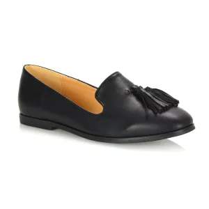 Betsy Slip on Pointed Toe Flat Tassel Detail Loafer Smart Shoes in Black PU