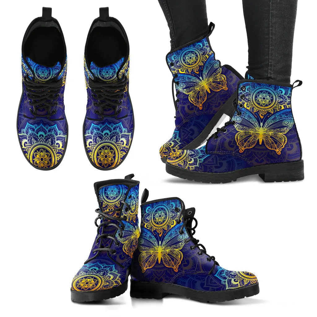 Combat Boots for Women - Beautiful Mandala Butterfly, Cute Aesthetic Custom Shoes, 2000s Winter, 90s Vegan Leather