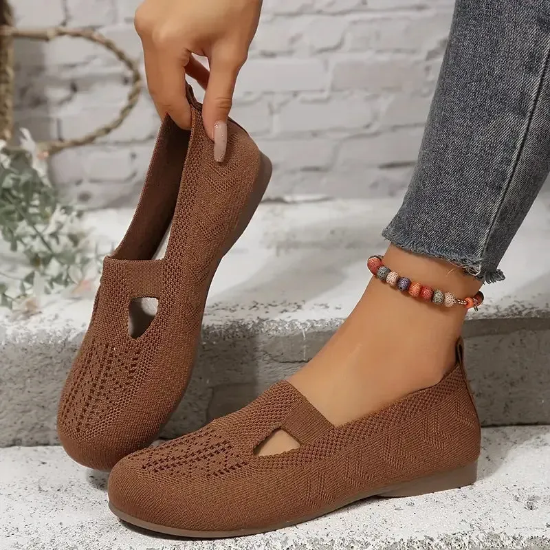 Cuzcare Orthopedic Women Walking Shoes Comfortable Breathable Knit Flats Round Toe Slip on Vintage
