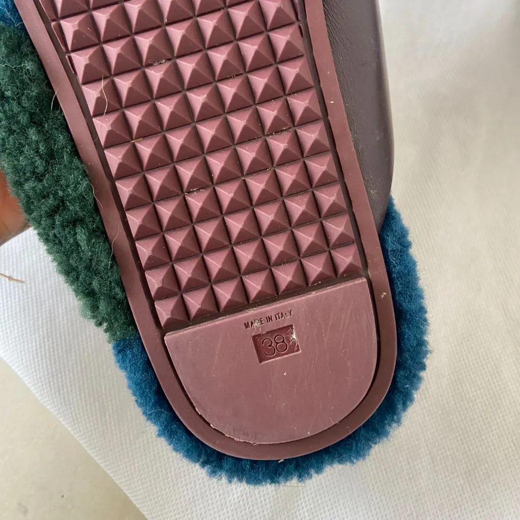 Fendi fur criss cross slides with pom pom embellishments and floral applique, 38