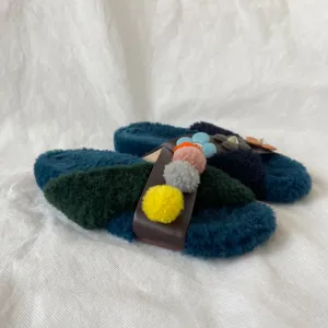 Fendi fur criss cross slides with pom pom embellishments and floral applique, 38