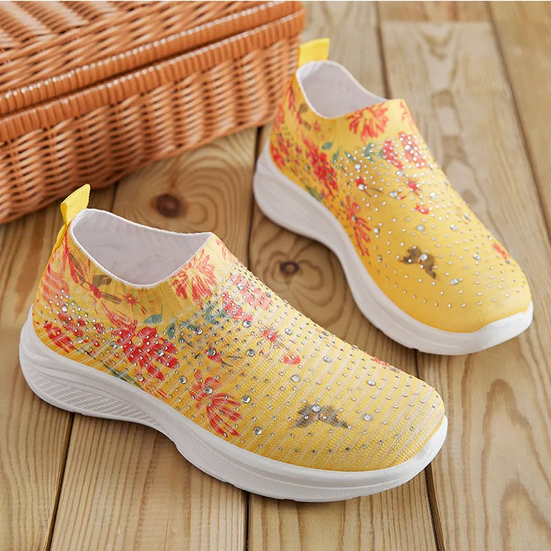 Floral pattern rhinestone decor knitted sneakers  summer mesh slip-on shoes