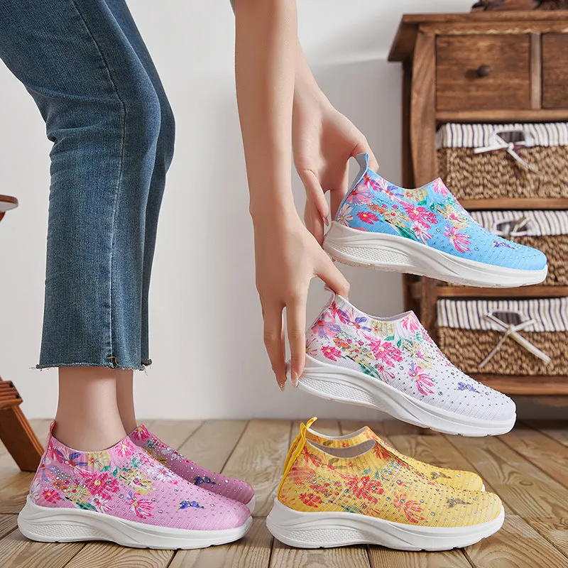 Floral pattern rhinestone decor knitted sneakers  summer mesh slip-on shoes
