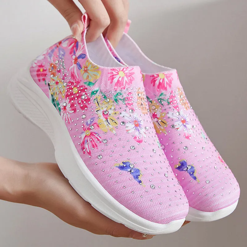 Floral pattern rhinestone decor knitted sneakers  summer mesh slip-on shoes