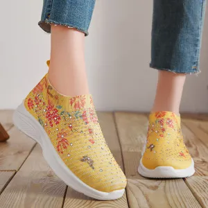 Floral pattern rhinestone decor knitted sneakers  summer mesh slip-on shoes