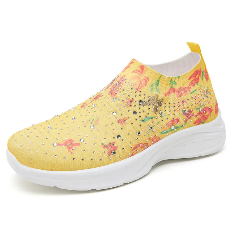 Floral pattern rhinestone decor knitted sneakers  summer mesh slip-on shoes