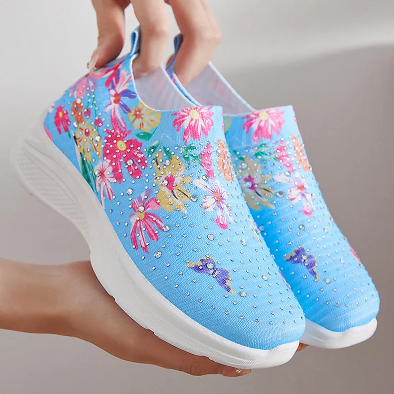 Floral pattern rhinestone decor knitted sneakers  summer mesh slip-on shoes