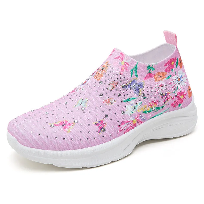 Floral pattern rhinestone decor knitted sneakers  summer mesh slip-on shoes