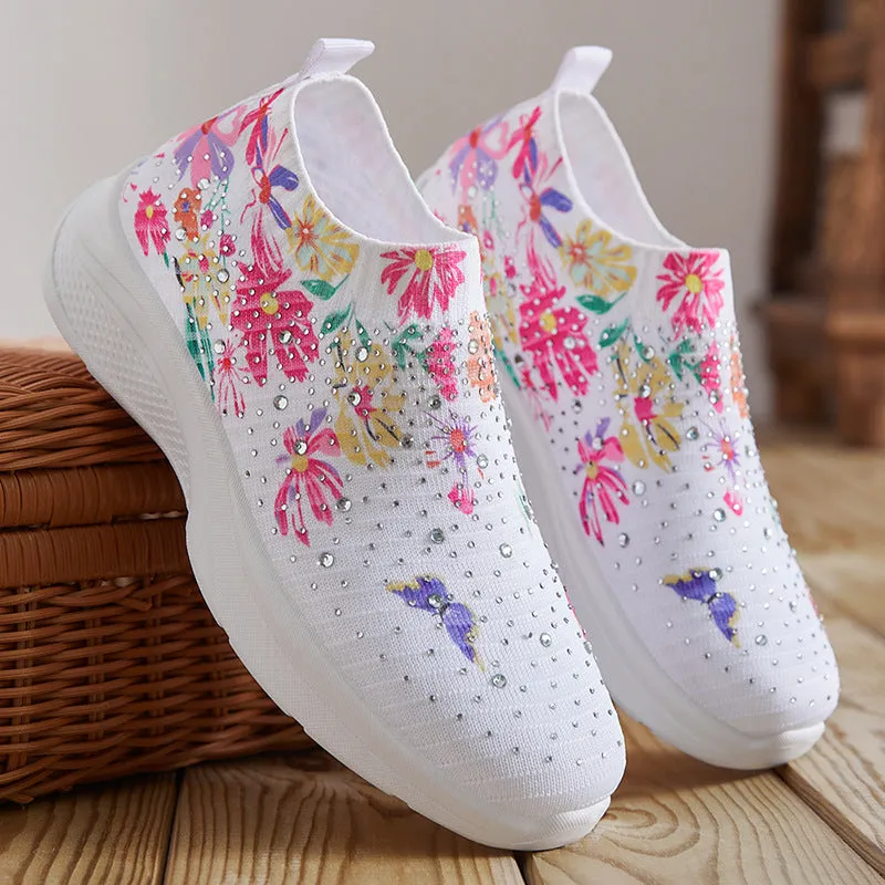 Floral pattern rhinestone decor knitted sneakers  summer mesh slip-on shoes
