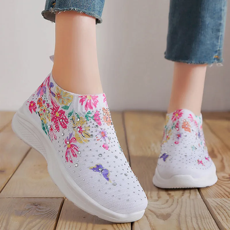 Floral pattern rhinestone decor knitted sneakers  summer mesh slip-on shoes