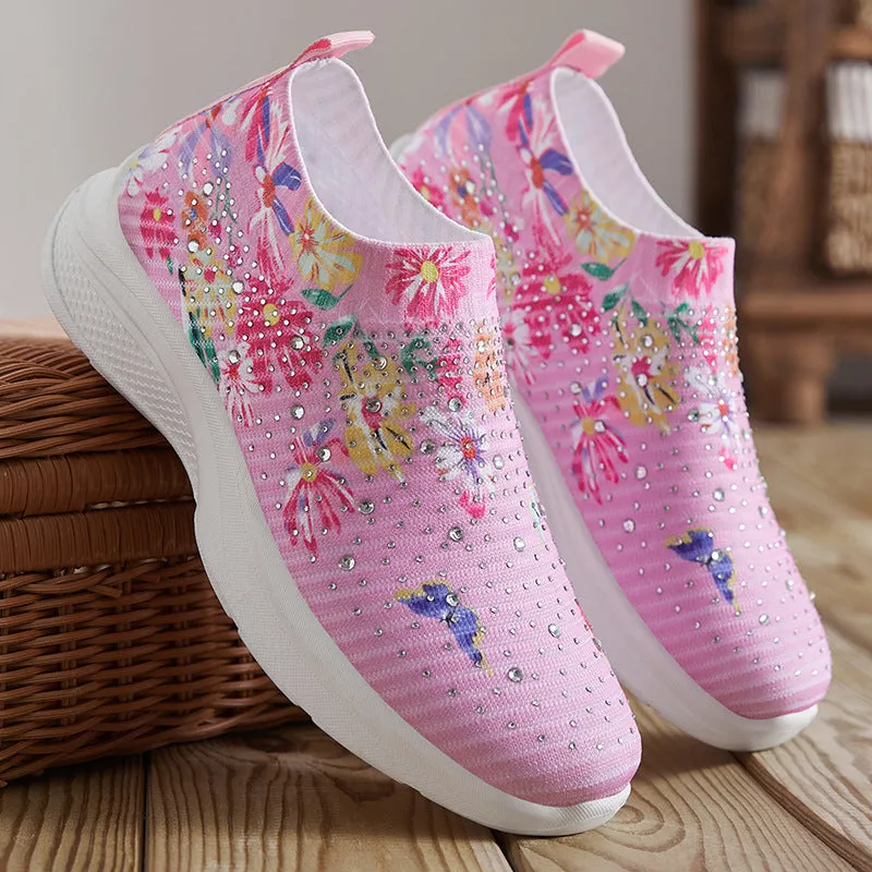 Floral pattern rhinestone decor knitted sneakers  summer mesh slip-on shoes