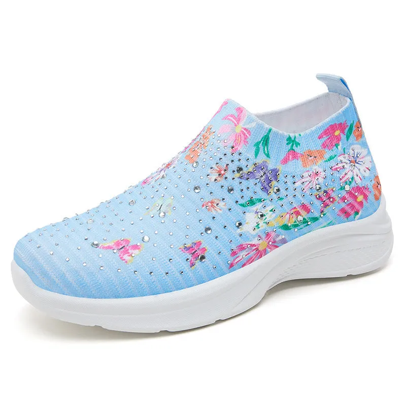 Floral pattern rhinestone decor knitted sneakers  summer mesh slip-on shoes