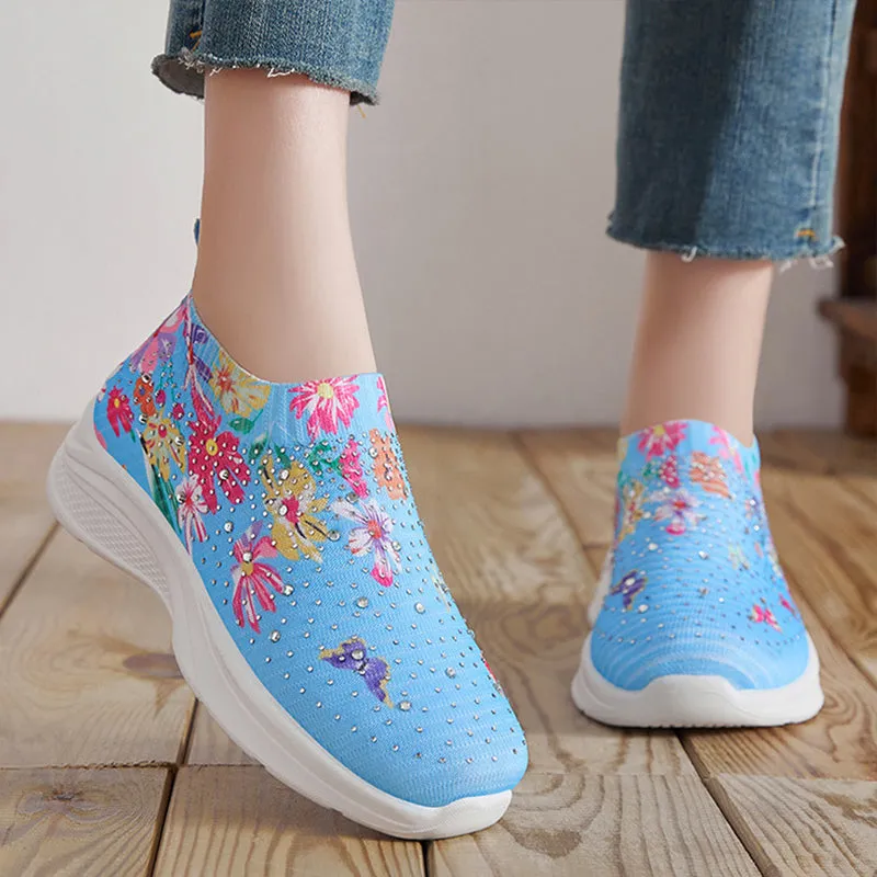 Floral pattern rhinestone decor knitted sneakers  summer mesh slip-on shoes