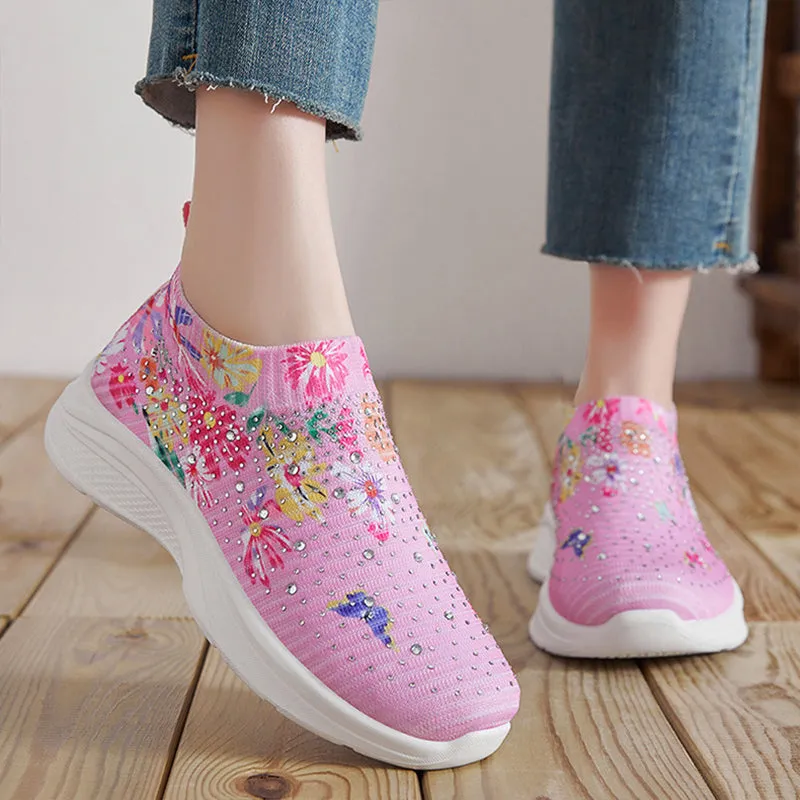 Floral pattern rhinestone decor knitted sneakers  summer mesh slip-on shoes