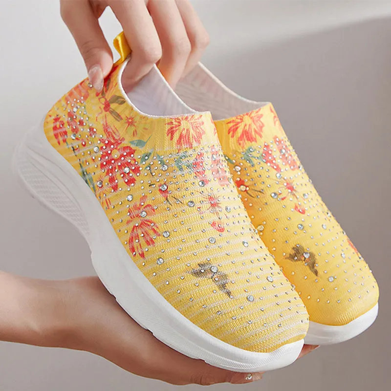 Floral pattern rhinestone decor knitted sneakers  summer mesh slip-on shoes