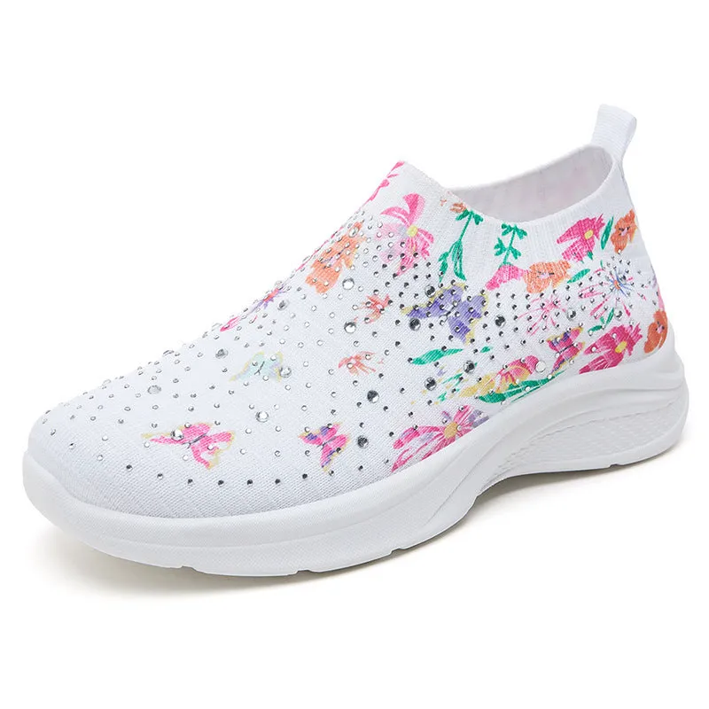 Floral pattern rhinestone decor knitted sneakers  summer mesh slip-on shoes