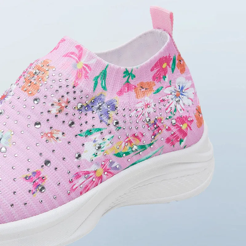 Floral pattern rhinestone decor knitted sneakers  summer mesh slip-on shoes