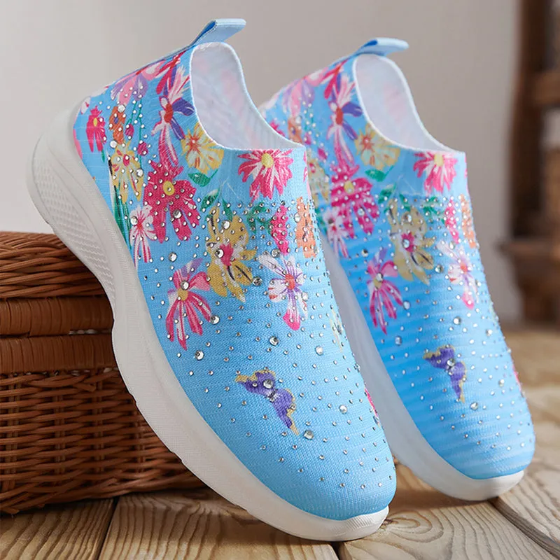Floral pattern rhinestone decor knitted sneakers  summer mesh slip-on shoes