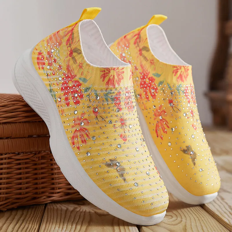 Floral pattern rhinestone decor knitted sneakers  summer mesh slip-on shoes