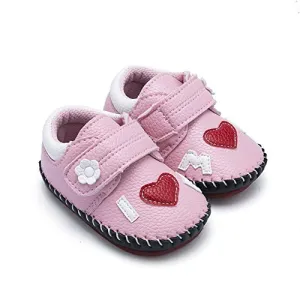 Infant Baby Girl's Handmade Soft PU Leather Non-Slip Princess Flats First Walkers, Pink w/Red Heart