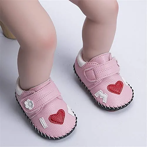 Infant Baby Girl's Handmade Soft PU Leather Non-Slip Princess Flats First Walkers, Pink w/Red Heart