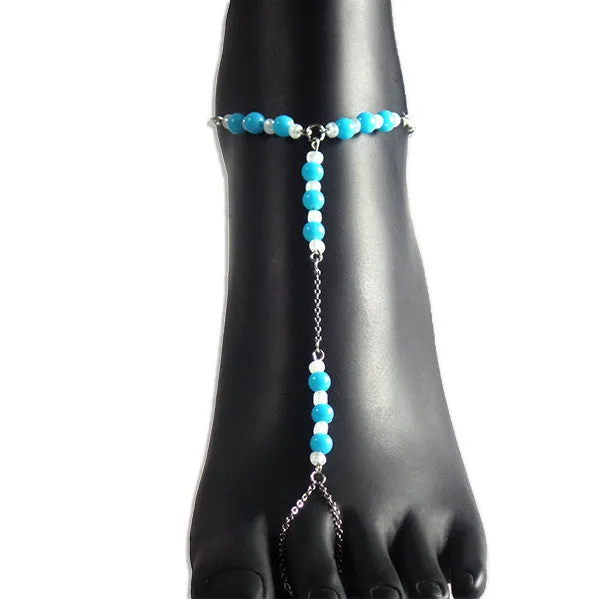 Light Blue and White Beaded Barefoot Sandal with Silver Plated Chain