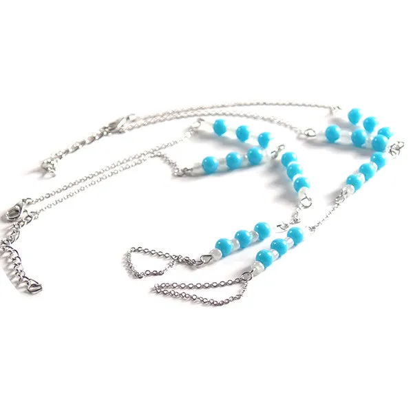 Light Blue and White Beaded Barefoot Sandal with Silver Plated Chain
