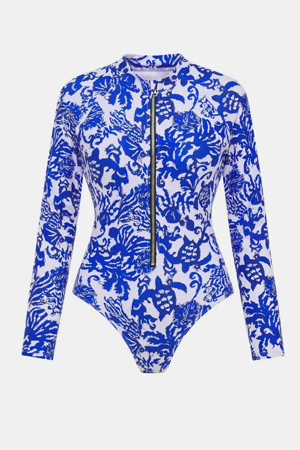 One-Piece Swimsuit With Zipper And Blue Willow Print UPF50  Rash Guard