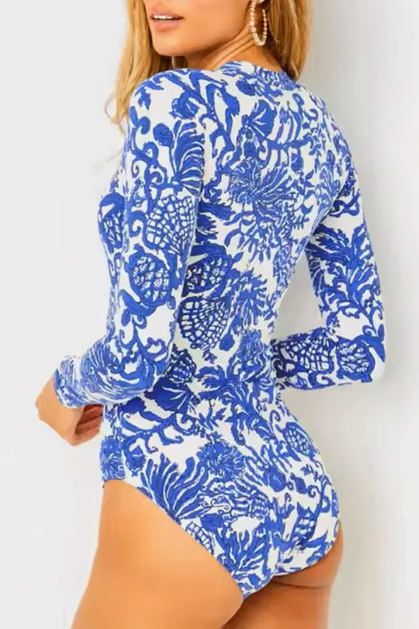 One-Piece Swimsuit With Zipper And Blue Willow Print UPF50  Rash Guard