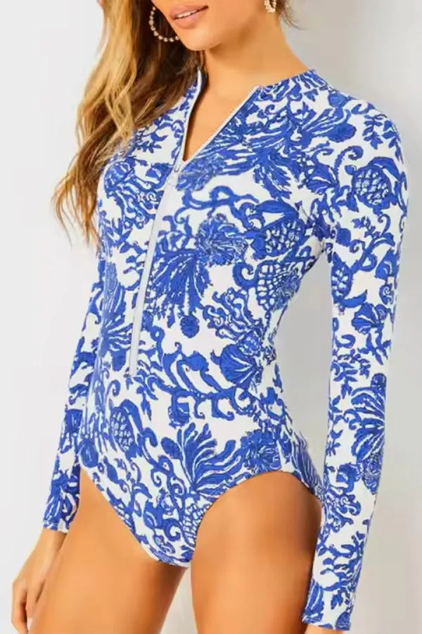 One-Piece Swimsuit With Zipper And Blue Willow Print UPF50  Rash Guard