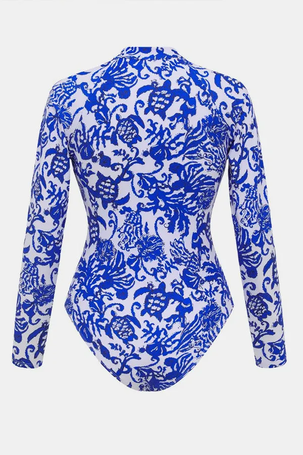 One-Piece Swimsuit With Zipper And Blue Willow Print UPF50  Rash Guard