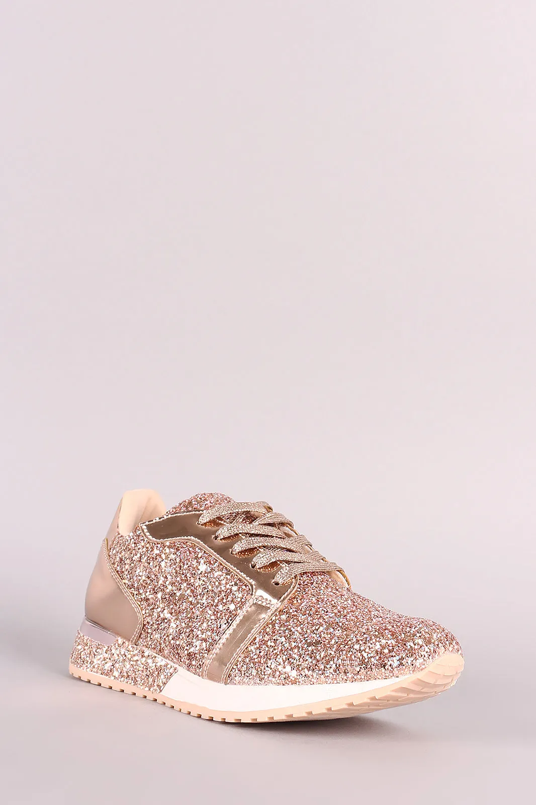 Qupid Low Top Glitter Encrusted Lace Up Sneaker