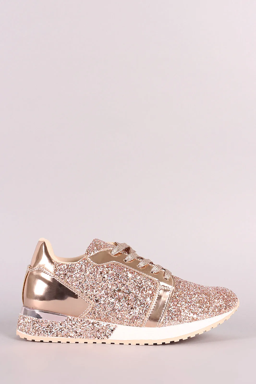 Qupid Low Top Glitter Encrusted Lace Up Sneaker