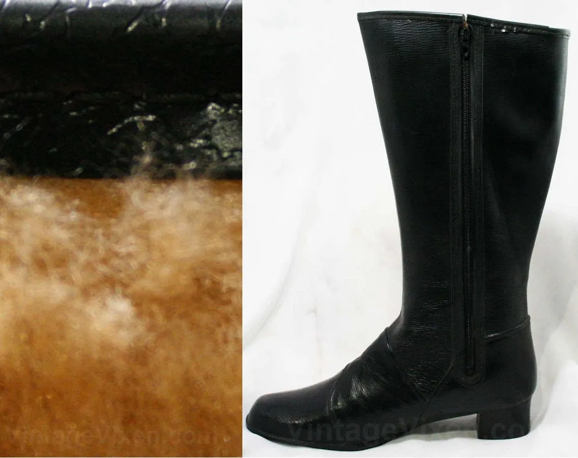 Size 10 Black Boots - Authentic Early 1960s Deadstock - Waterproof Vinyl - Fleece Lined - 60s - Faux Buckle - Rain Dears - Winter - 43246-2
