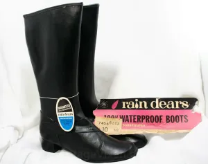 Size 10 Black Boots - Authentic Early 1960s Deadstock - Waterproof Vinyl - Fleece Lined - 60s - Faux Buckle - Rain Dears - Winter - 43246