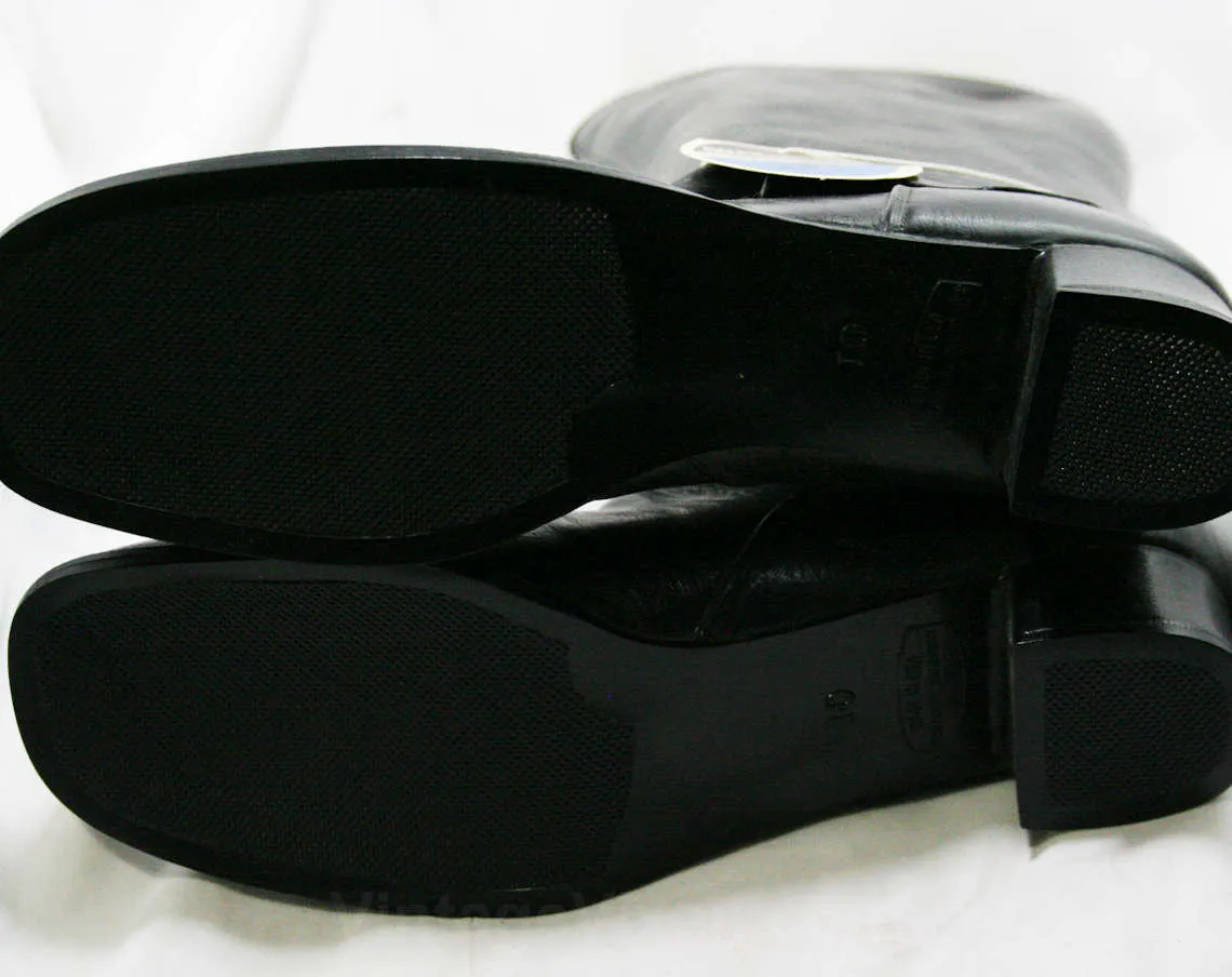 Size 7 Black Boots - Authentic Early 1960s Deadstock - Waterproof Vinyl - Fleece Lined - 60s - Faux Buckle - Rain Dears - Tall Winter Shoes