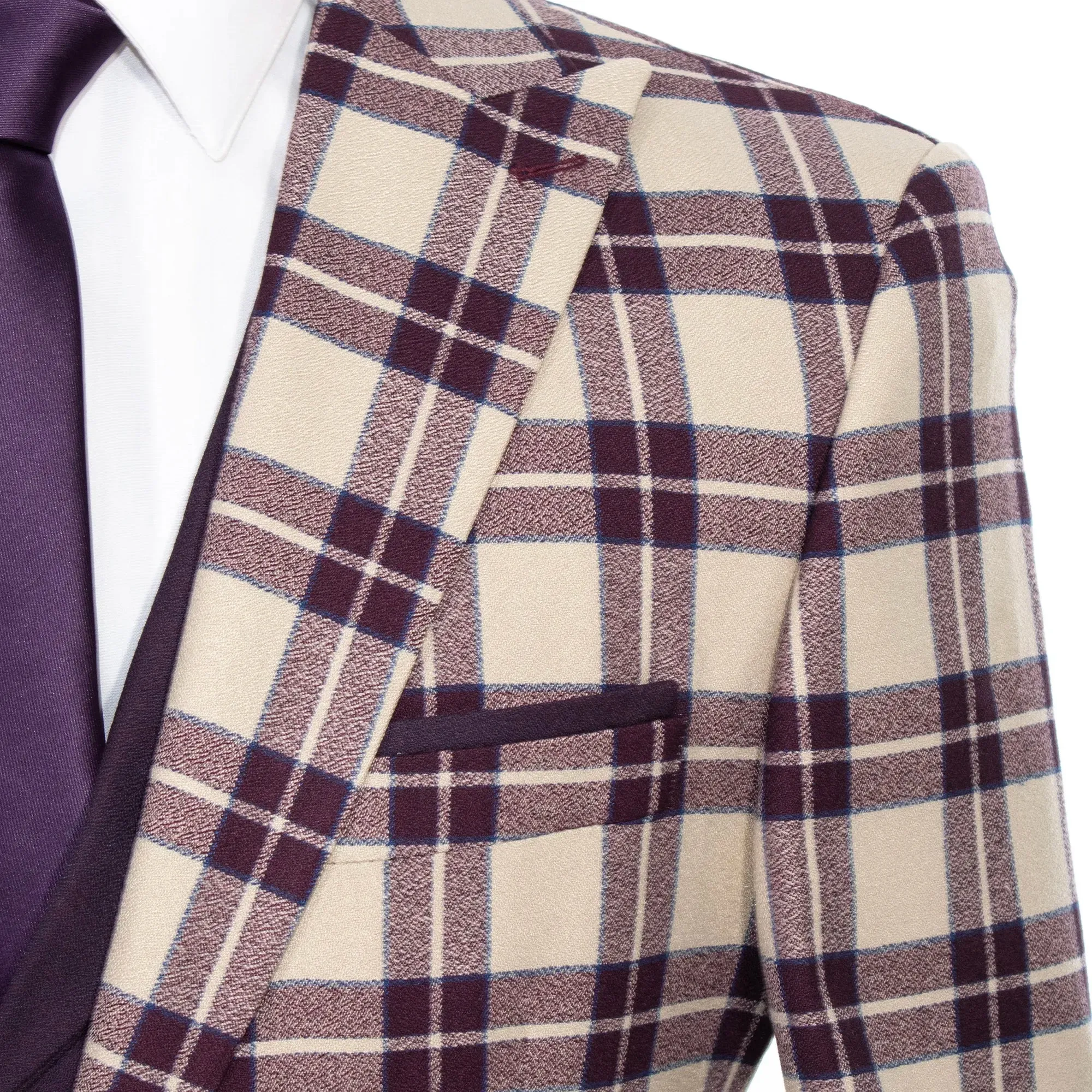 Tan and Eggplant Plaid 3-Piece Tailored-Fit Suit